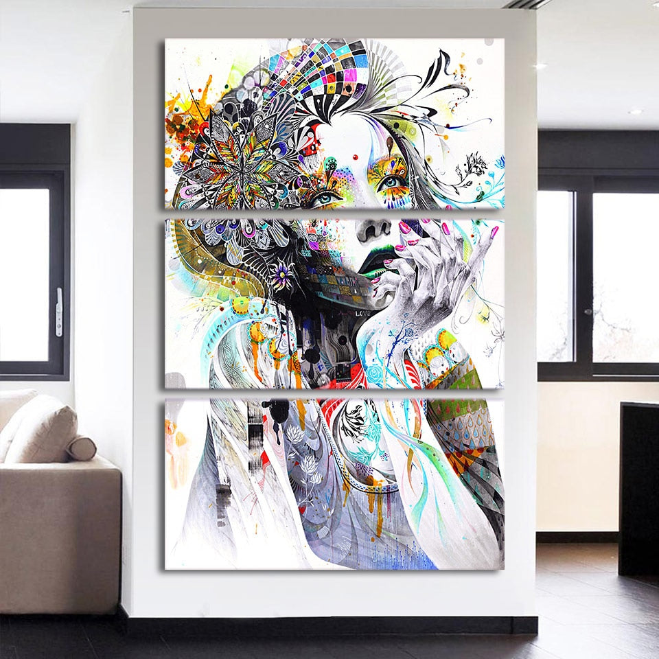 Beautiful Girl with Flowers Modern Canvas Art-30x60cmx3-Not Framed-White-Cool Tees & Things
