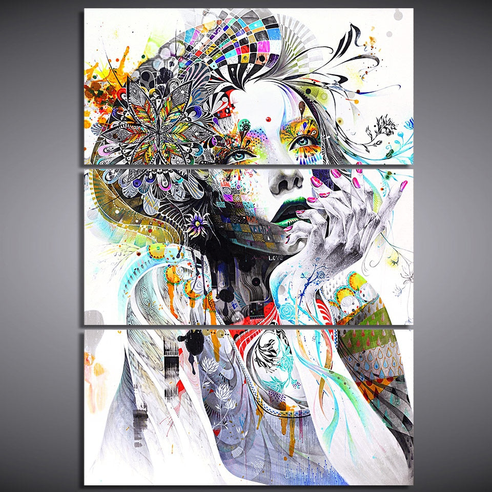 Beautiful Girl with Flowers Modern Canvas Art-50x100cmx3-Framed-White-Cool Tees & Things