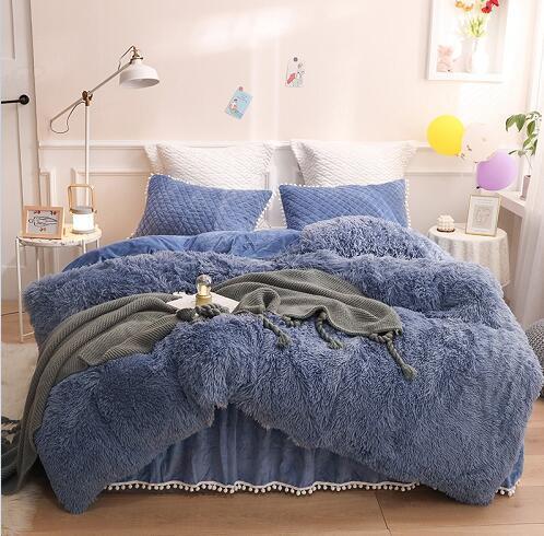 4/6 Pcs Luxury Plush Shaggy Duvet Cover Set. Quilted Pompoms. Bedskirt and Pillow Shams