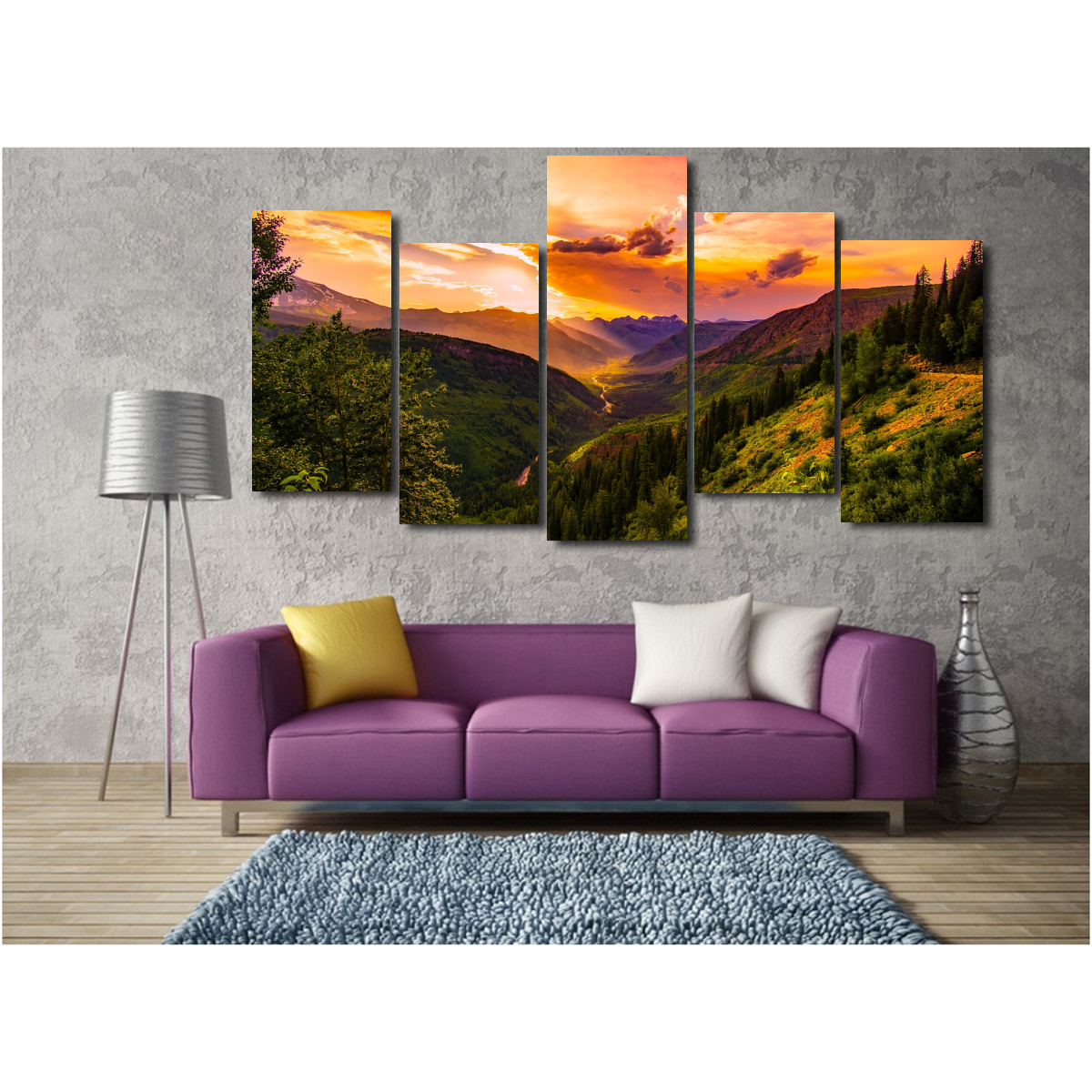 Green Mountain at Sunrise-Wallart 5 Piece Staggered-Medium - No frame-Green/Orange/Yellow/Brown-Cool Tees & Things