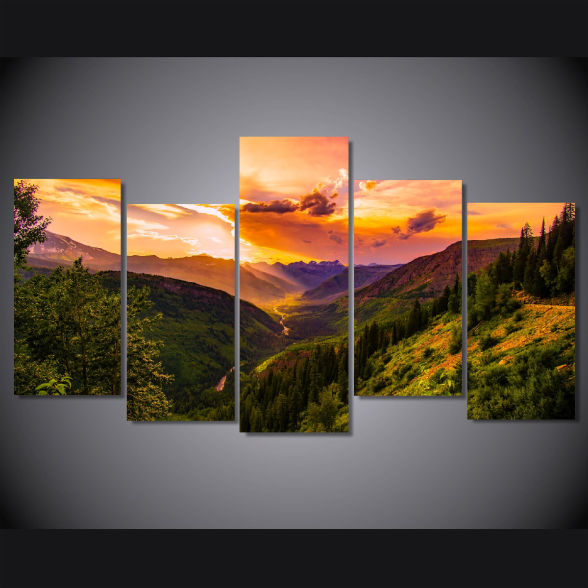 Green Mountain at Sunrise-Wallart 5 Piece Staggered-Medium - No frame-Green/Orange/Yellow/Brown-Cool Tees & Things