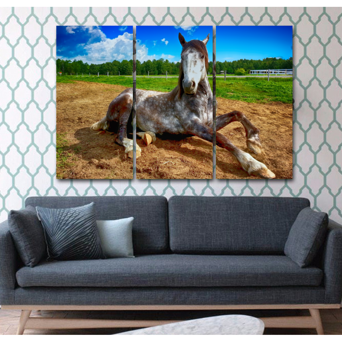 Horse Striking A Pose-Wallart 3 Piece Vertical Rectangle-Medium - Not framed-Bandicoot/Ivory-Cool Tees & Things