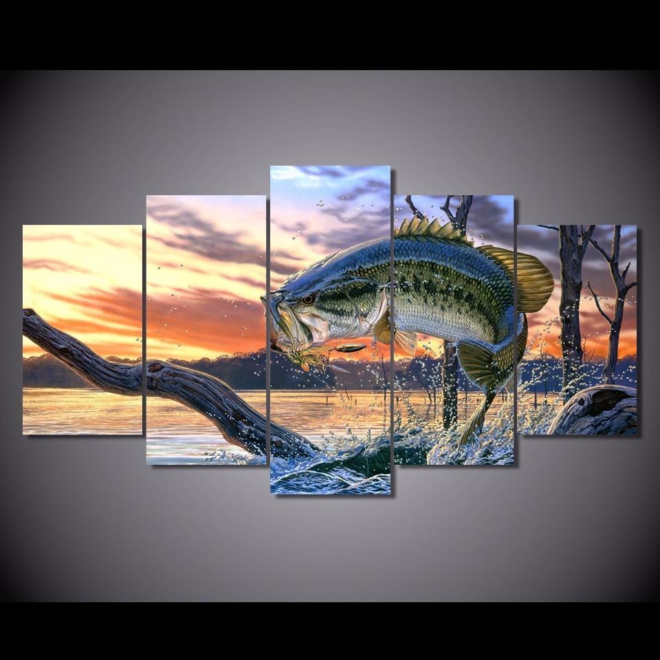 Jumping Bass Fish Canvas-10x15 10x20 10x25cm-Framed-SteelBlue-Cool Tees & Things