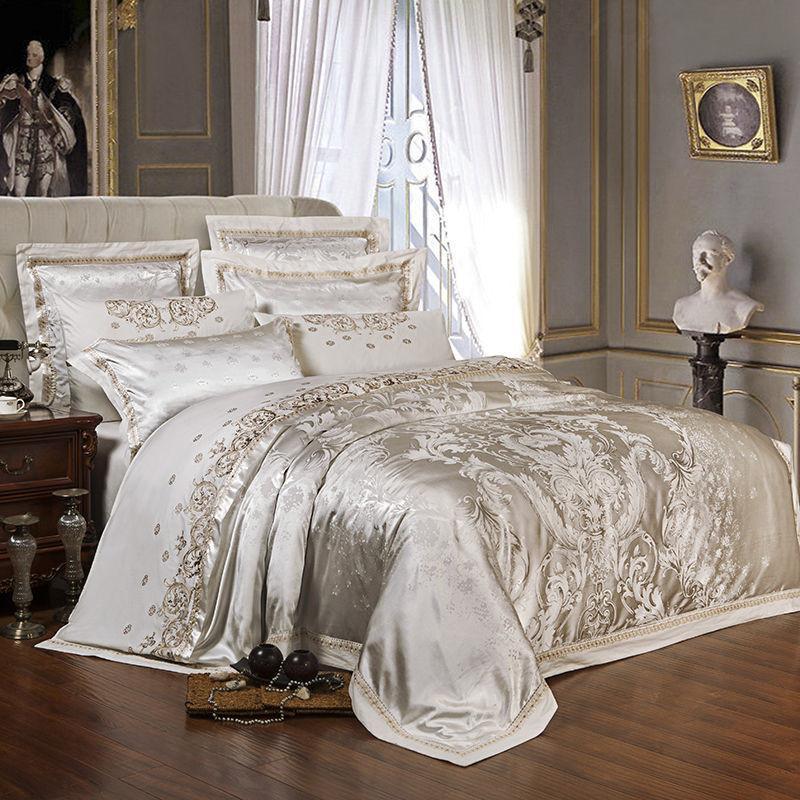 Luxury Satin Jacquard Embroidery Bedding Set Double Queen King Size - Cool Tees and Things