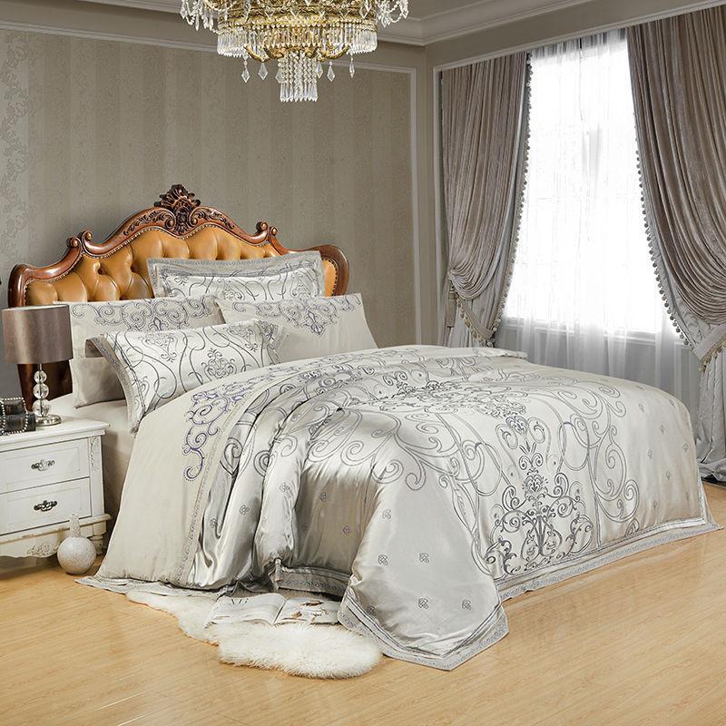 Luxury Satin Jacquard Embroidery Bedding Set Double Queen King Size - Cool Tees and Things