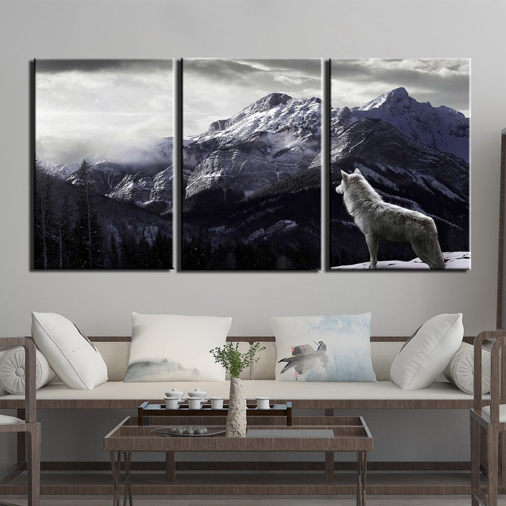 Wolf Gazing At Mountain Mist Canvas-50cmx70cmx3-Framed-Gray-Cool Tees & Things
