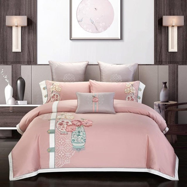 Duvet Quilt Cover: Embroidery Chinoiserie Style. Leaves Duvet Cover Set. Queen King 4Pcs Bedding Set