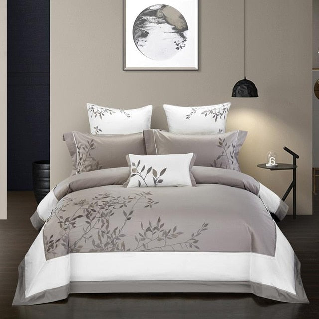 Duvet Quilt Cover: Embroidery Chinoiserie Style. Leaves Duvet Cover Set. Queen King 4Pcs Bedding Set