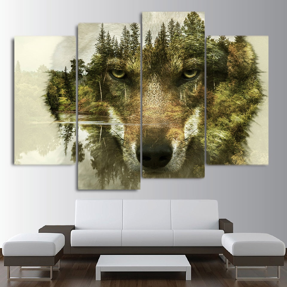 Abstract Wolf Canvas Painting-20x40x2 20x55cmx2-Not Framed-DarkKhaki-Cool Tees & Things