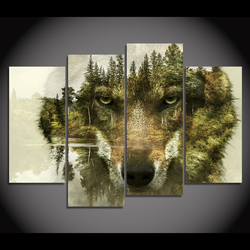 Abstract Wolf Canvas Painting-20x40x2 20x55cmx2-Not Framed-DarkKhaki-Cool Tees & Things