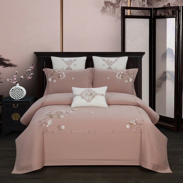 Duvet Quilt Cover: Embroidery Chinoiserie Style. Leaves Duvet Cover Set. Queen King 4Pcs Bedding Set