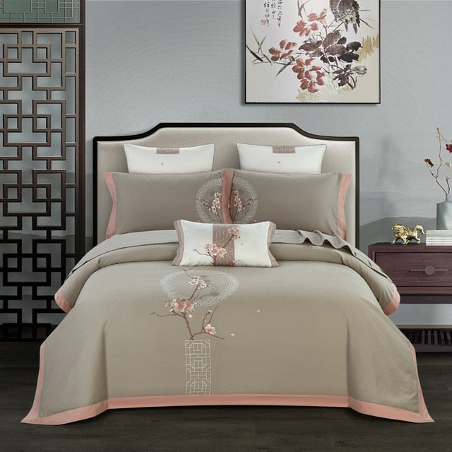 Duvet Quilt Cover: Embroidery Chinoiserie Style. Leaves Duvet Cover Set. Queen King 4Pcs Bedding Set