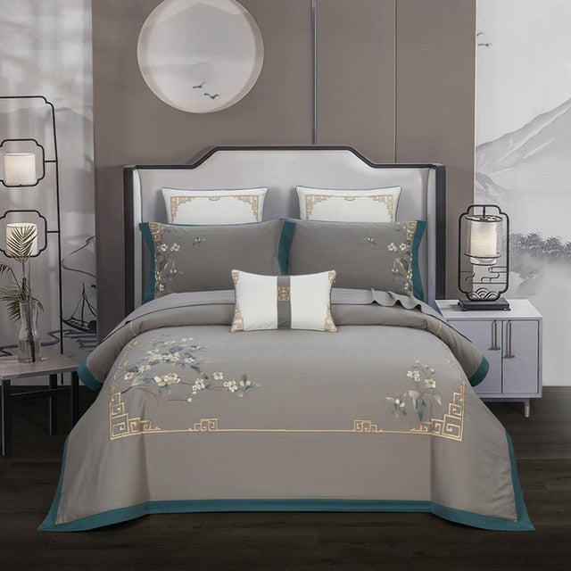 Duvet Quilt Cover: Embroidery Chinoiserie Style. Leaves Duvet Cover Set. Queen King 4Pcs Bedding Set