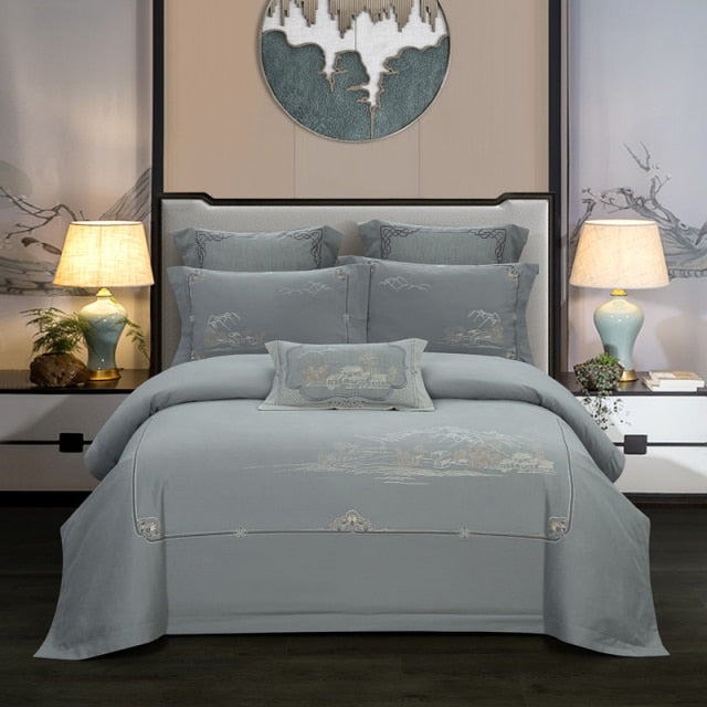 Duvet Quilt Cover: Embroidery Chinoiserie Style. Leaves Duvet Cover Set. Queen King 4Pcs Bedding Set