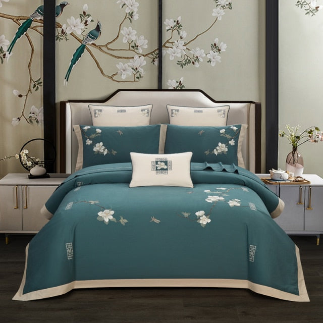 Duvet Quilt Cover: Embroidery Chinoiserie Style. Leaves Duvet Cover Set. Queen King 4Pcs Bedding Set