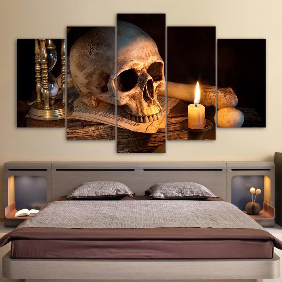 Skull And Burning Candle Canvas Art- 5 Piece Canvas Home Decor-size 1-Not Framed-Cool Tees & Things