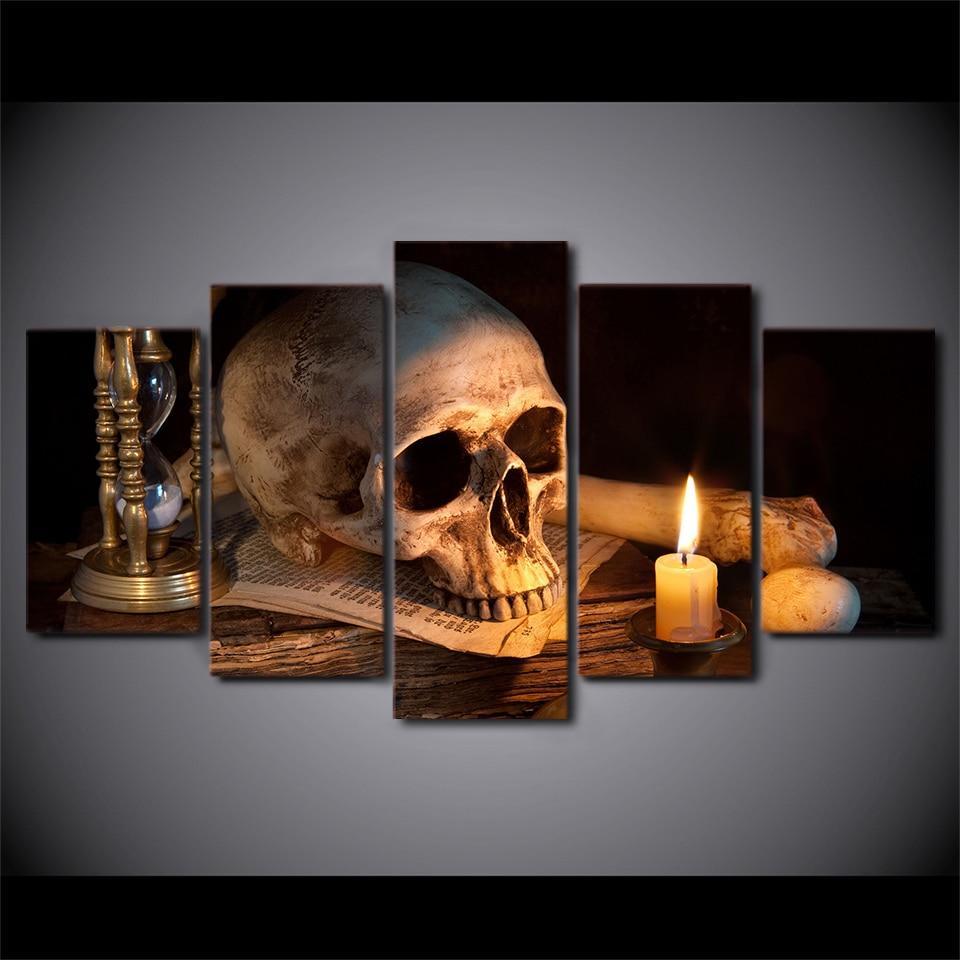 Skull And Burning Candle Canvas Art- 5 Piece Canvas Home Decor-size-Framed-Cool Tees & Things