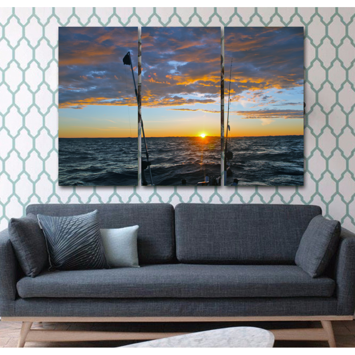 Sunrise Fishing-Wallart 3 Piece Vertical Rectangle-Medium - Not framed-Blue/Orange-Cool Tees & Things