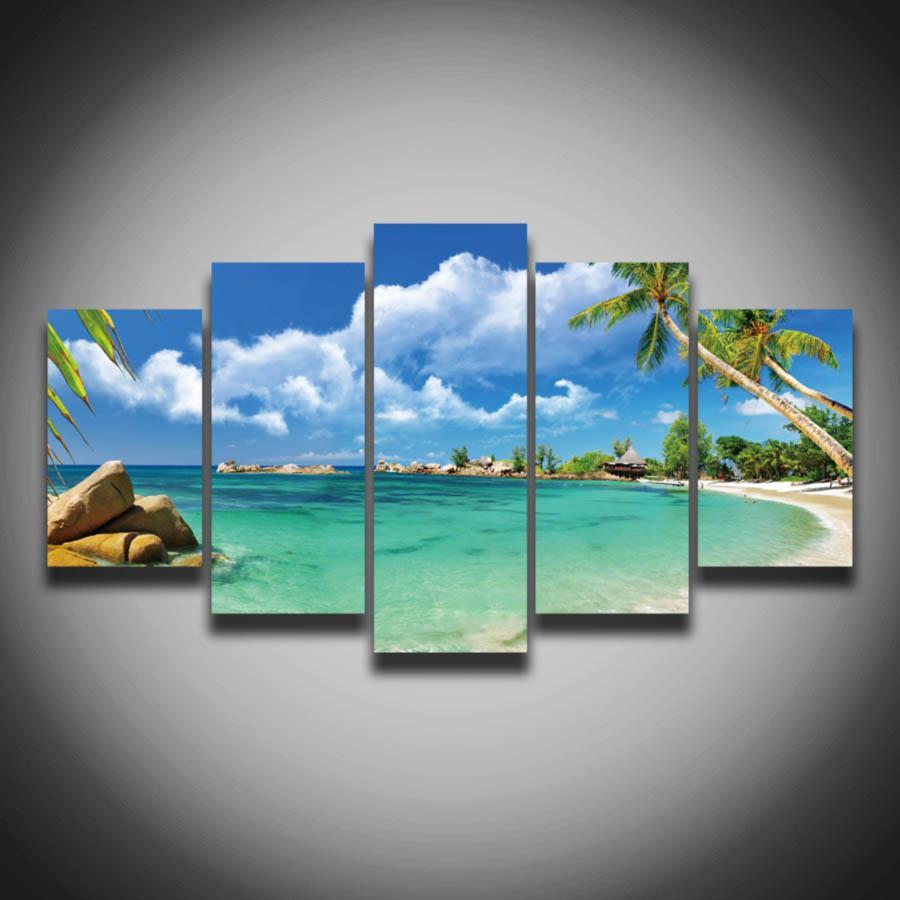 Tropical Beach Seascape Canvas Painting-Not Framed-Blue-Medium-Cool Tees & Things