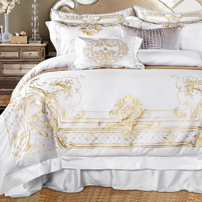 White Egyptian Cotton Luxury Golden Embroidery Bedding set Duvet Cover