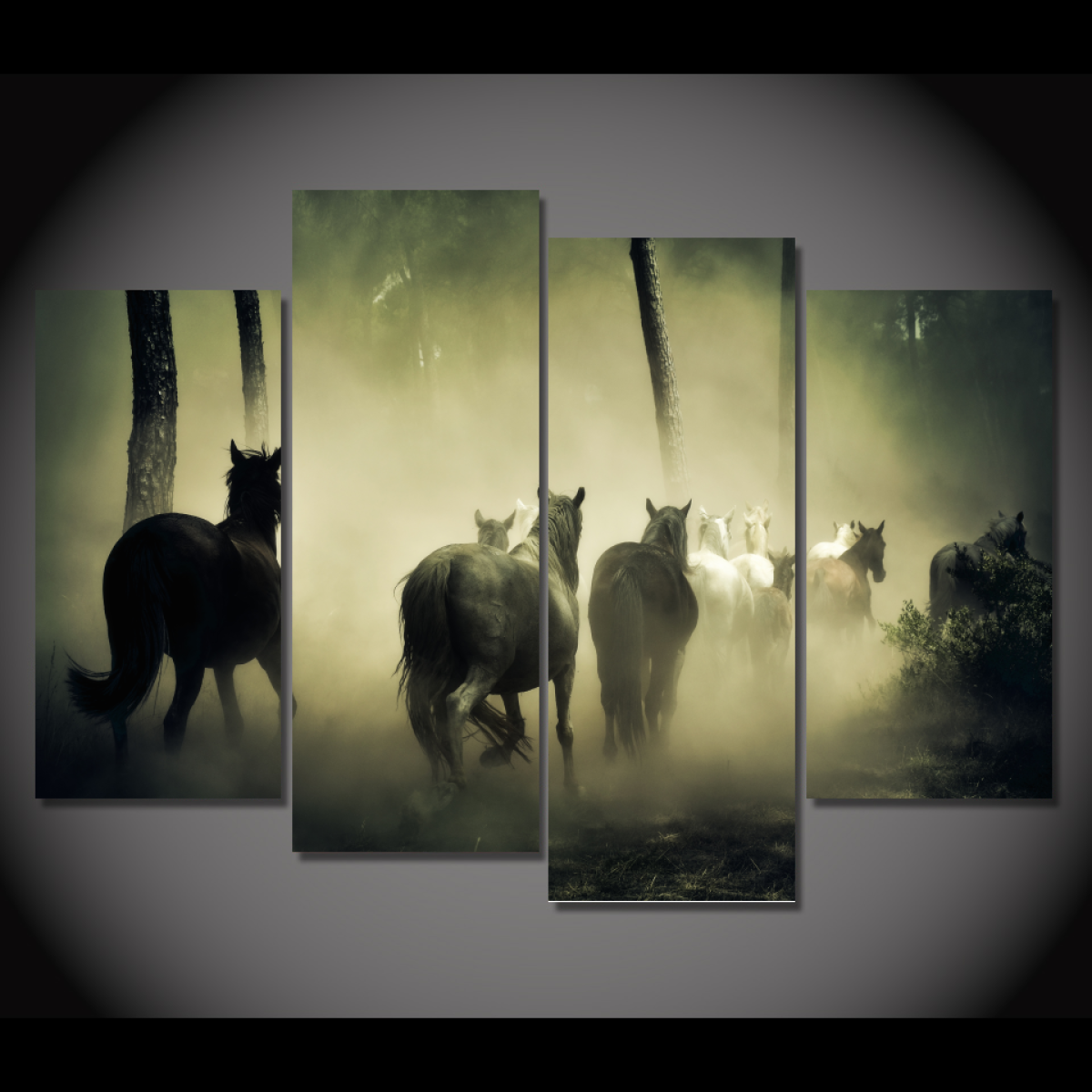 Wild Horses In The Mist-Medium-Not Framed-Black/White/Yellow-Cool Tees & Things