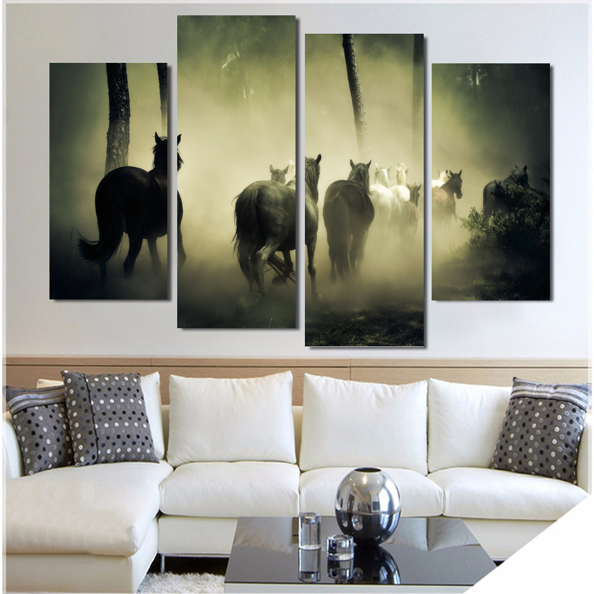 Wild Horses In The Mist-Medium-Not Framed-Black/White/Yellow-Cool Tees & Things