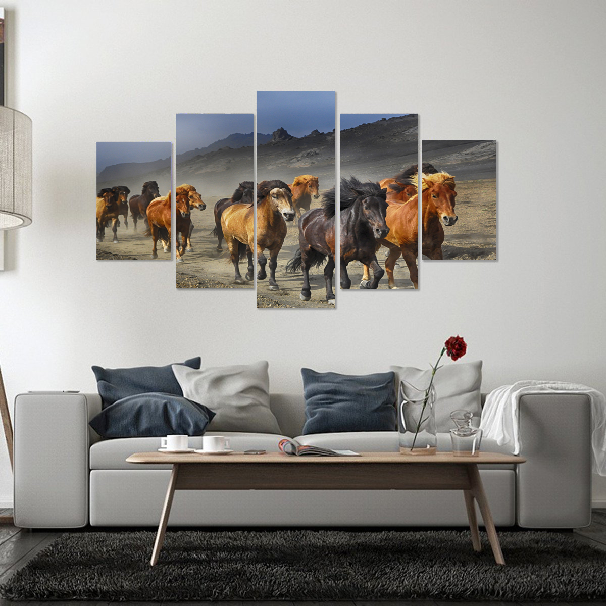 Wild Stallion Stampede Canvas Print Wall Art Mural-Medium-Not Framed-Brown-Blue-Cool Tees & Things