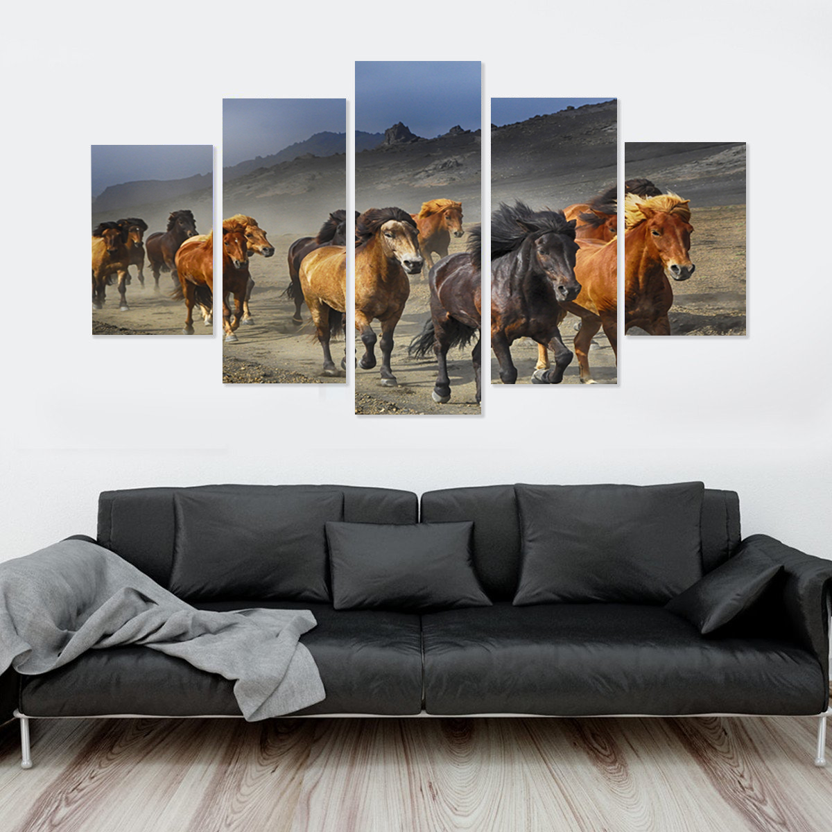 Wild Stallion Stampede Canvas Print Wall Art Mural-Medium-Not Framed-Brown-Blue-Cool Tees & Things